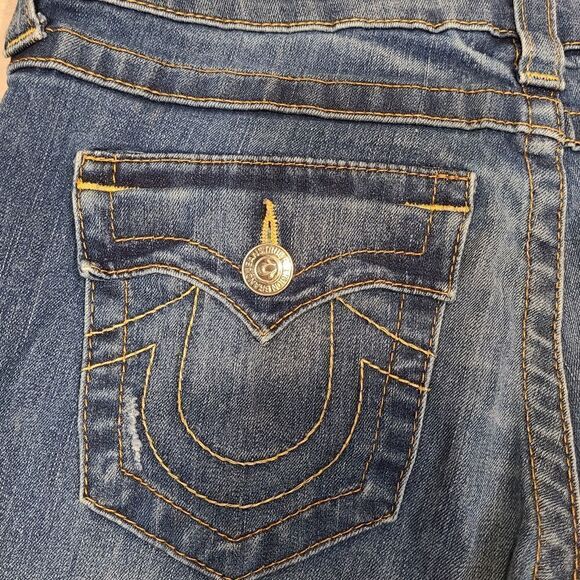 True Religion Low-Rise Boot Cut Medium Wash Distressed Jeans | 28 - Picture 9 of 15